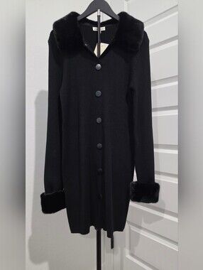 Black Long Ribbed Knit Button-Front Dress w/Faux Fur Collar Cuffs Women's XL NWT